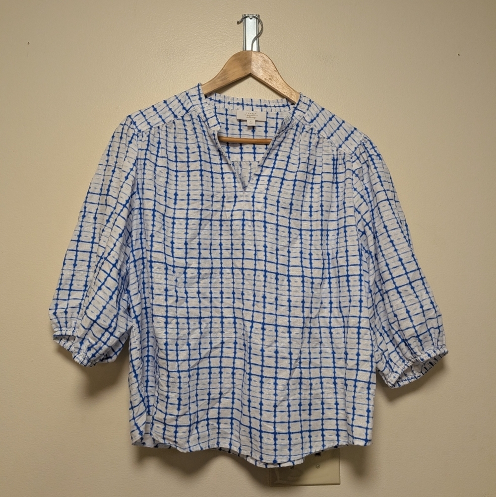 Charter Club Blue & White Grid Print Linen-Blend Blouse | Size L